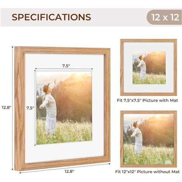 12x12 Picture Frame Set of 2, Oak Wood 12 x 12 Photo Frames for Wall, Square 12 - Picture 3 of 6